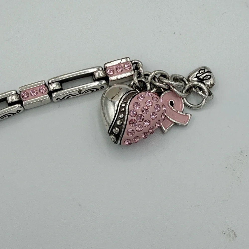 BRIGHTON Pink Ribbon Breast Cancer Awareness Charm Bracelet Silver Crystal Heart